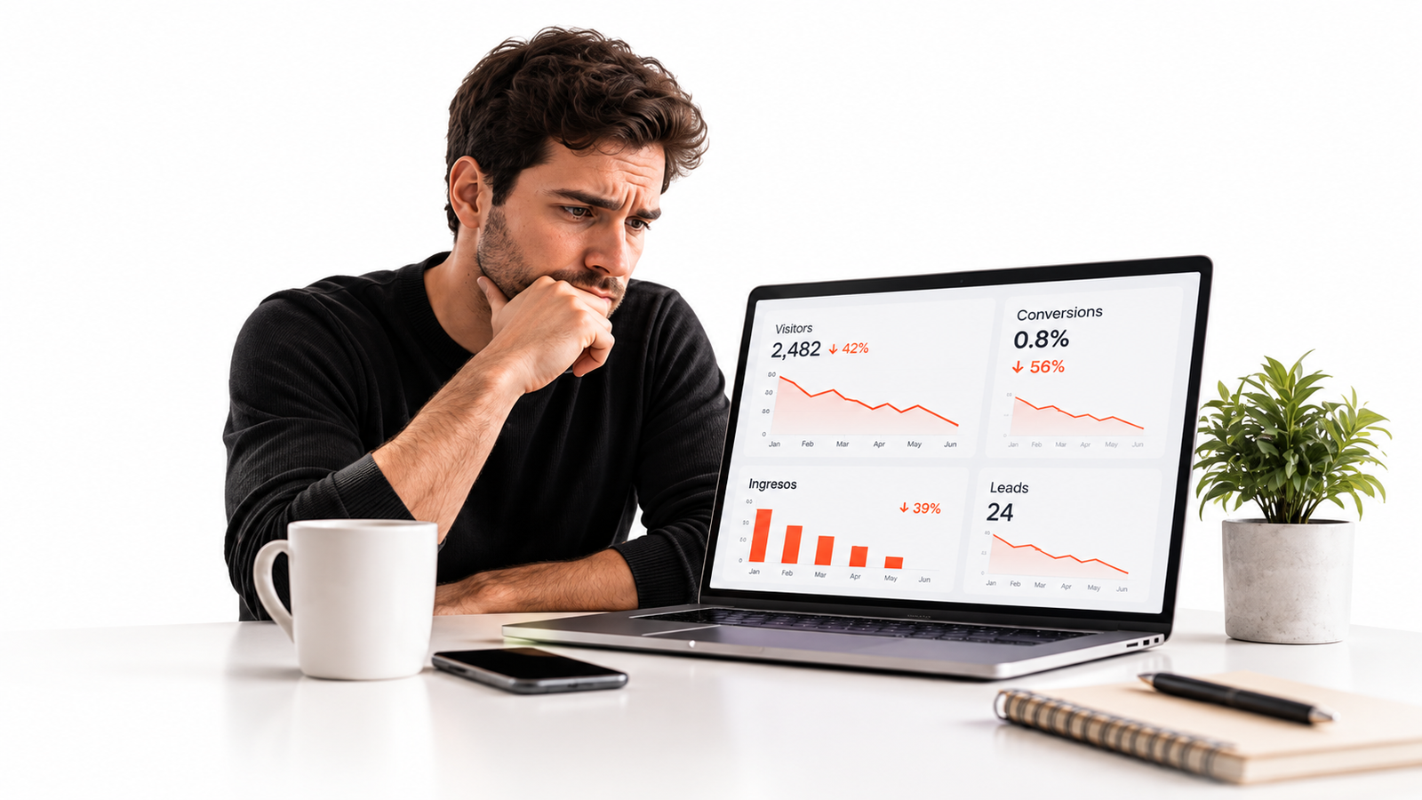 Persona analizando métricas digitales en descenso