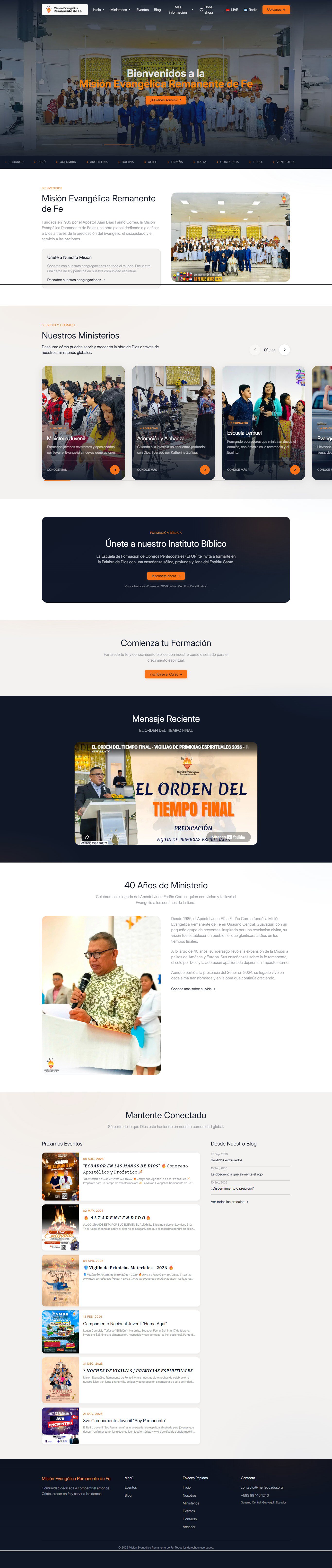 Vista desktop del sitio web de la Misión Evangélica Remanente de Fe